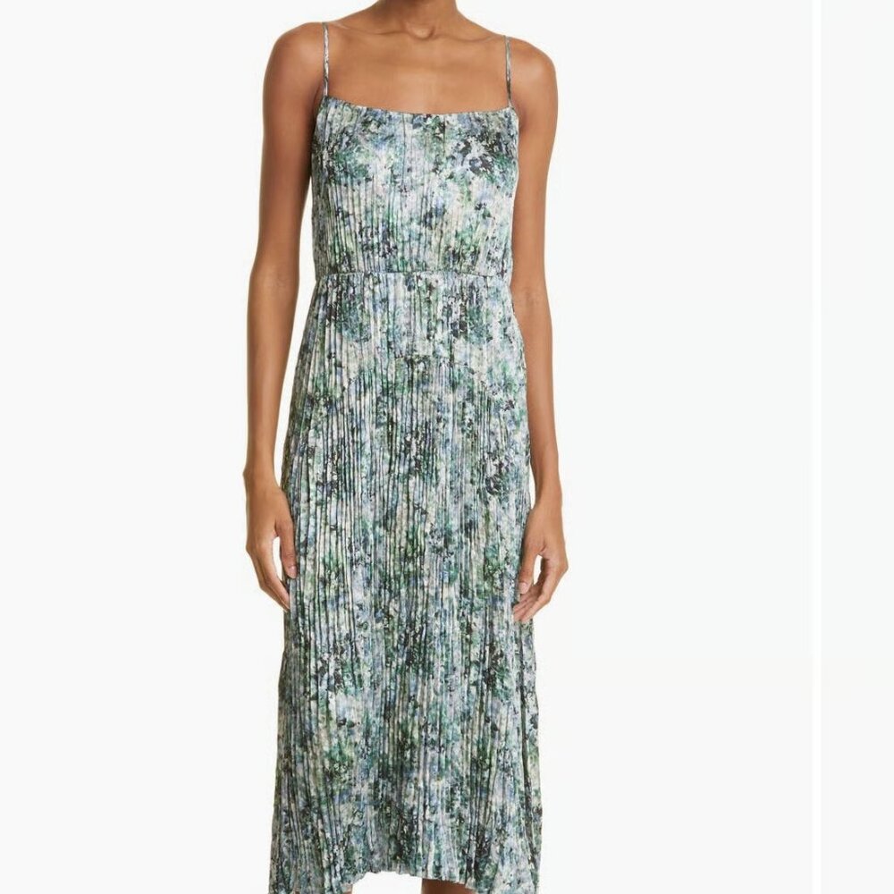 Vince Pleated Tiered Midi Dress Large Green Floral Spring Stretchy Relaxed Fit